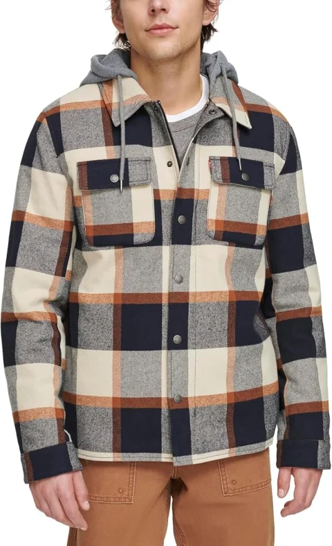 Levi's mens Plaid Sherpa Lined Hooded Shirt Jacket